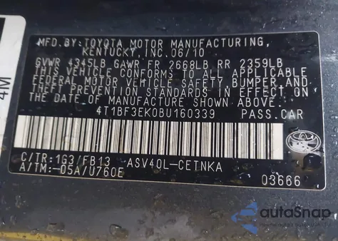 2011 Toyota Camry Le из США, поврежденный, VIN 4T1BF3EK0BU160339